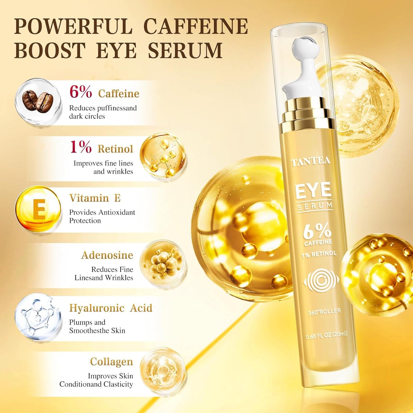 6% Caffeine Eye Cream for Dark Circles, Daily 1% Retinol Caffeine Eye Serum for Puffy Eyes & Under Eye Bags, Eye Skin Care Suitable for Men and Women's
