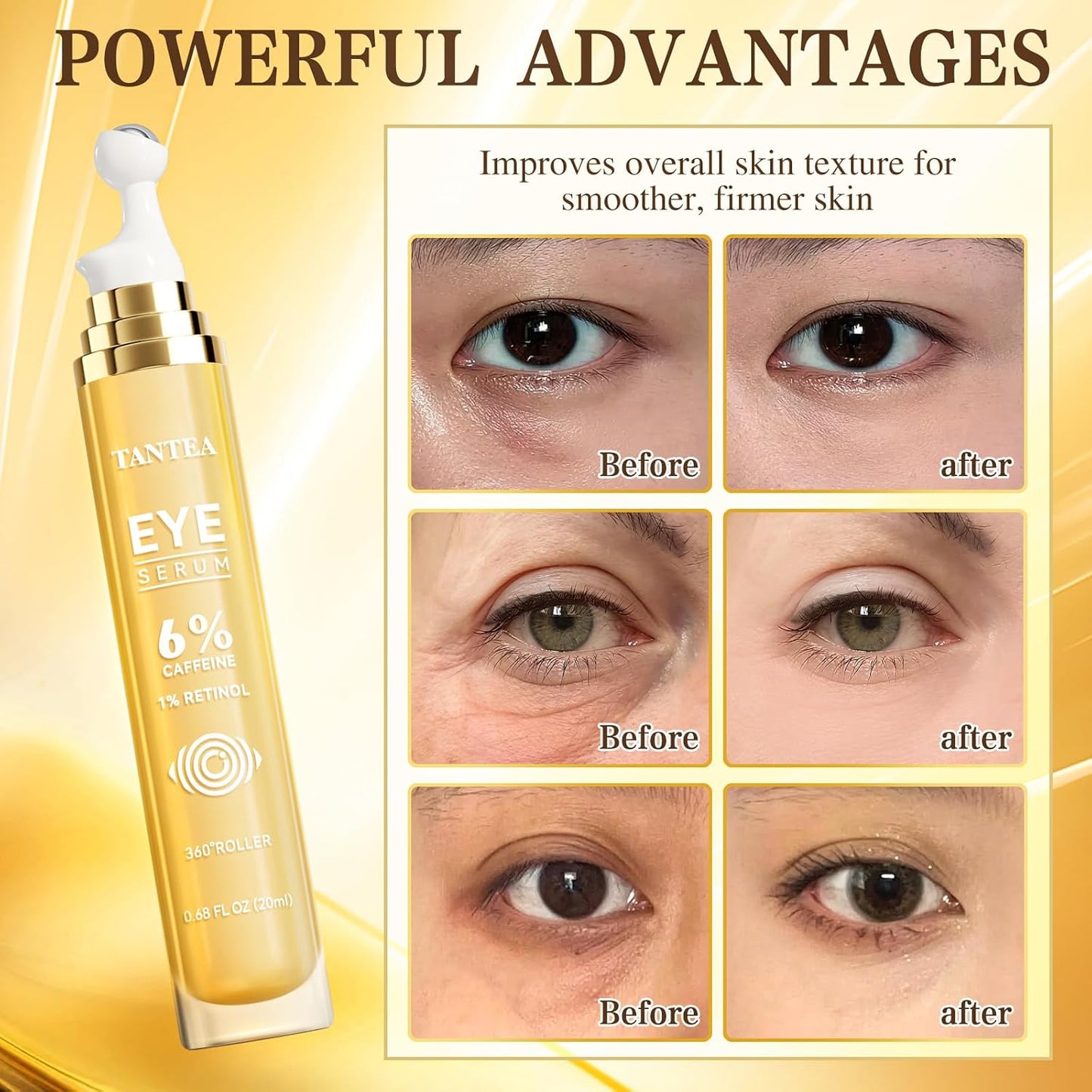 6% Caffeine Eye Cream for Dark Circles, Daily 1% Retinol Caffeine Eye Serum for Puffy Eyes & Under Eye Bags, Eye Skin Care Suitable for Men and Women's